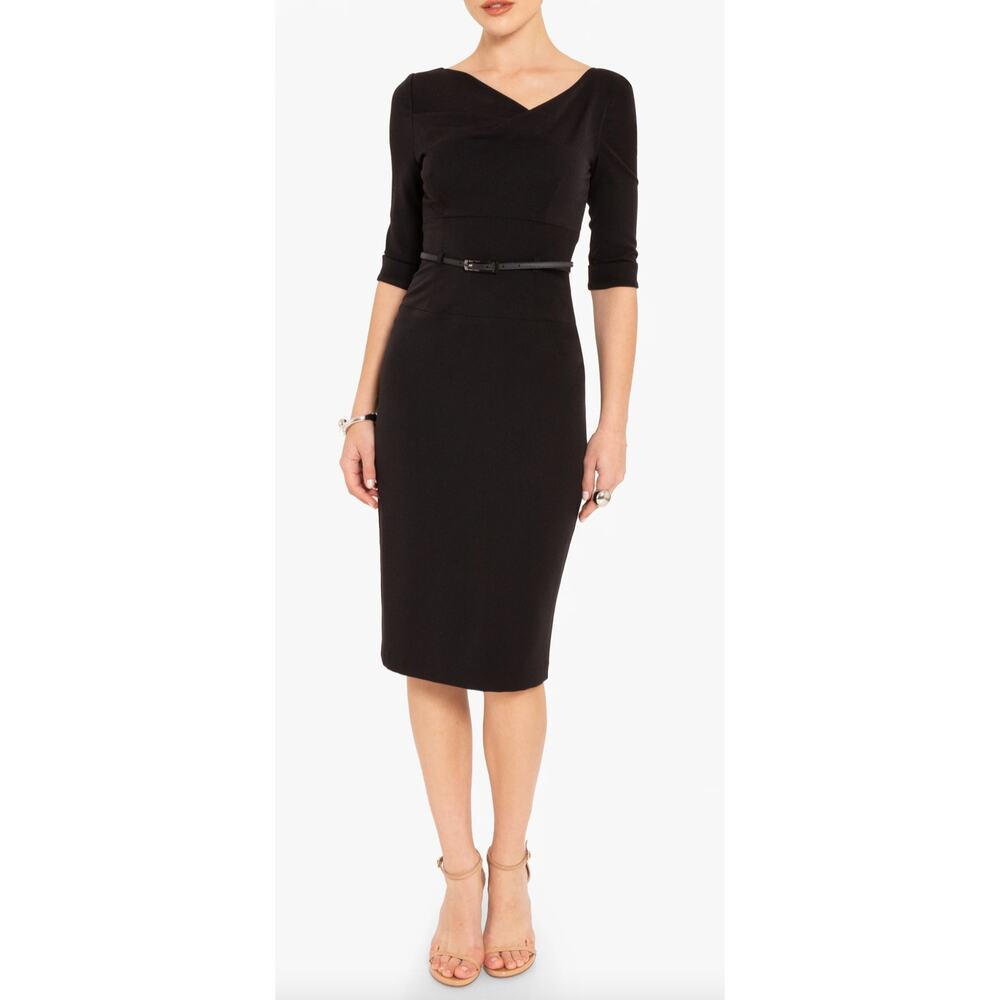 Black Halo Jackie O 3/4 Sleeve Sheath Dress 14 Black Belted Classic Work NWT